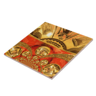 Golden red African traditional art Tile