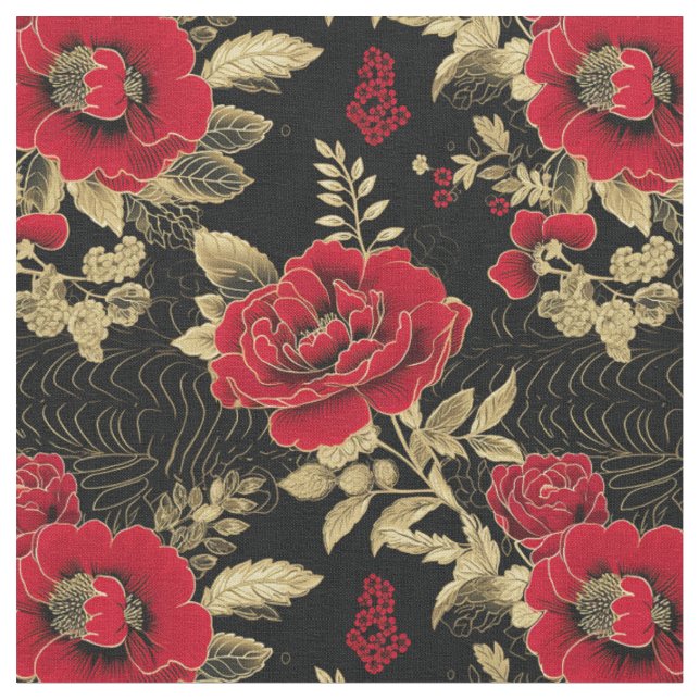 Golden Red Bloomwork Fabric (Close Up)
