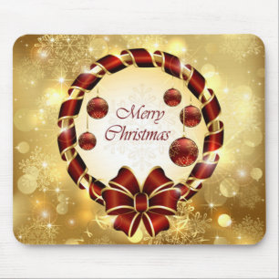 Golden & Red christmas Wreath with Bow & Snowflake Mouse Pad