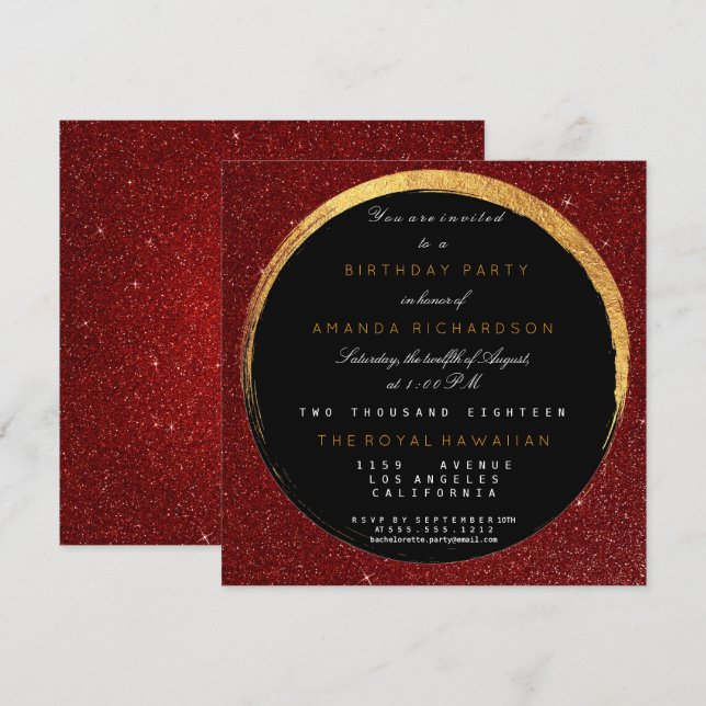 Golden Red Glitter Geometric Vip Birthday Party Invitation (Front/Back)