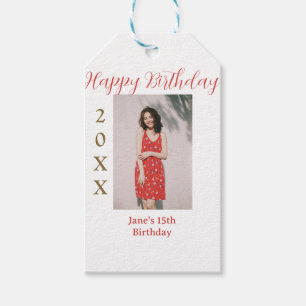 Golden red happy 15th birthday photo name year sim gift tags