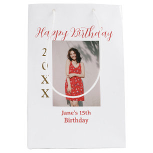 Golden red happy 15th birthday photo name year sim medium gift bag