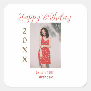 Golden red happy 15th birthday photo name year sim square sticker