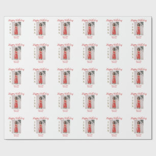 Golden red happy 15th birthday photo name year sim wrapping paper