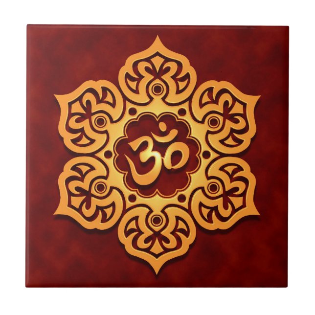 Golden Red Lotus Flower Om Tile (Front)