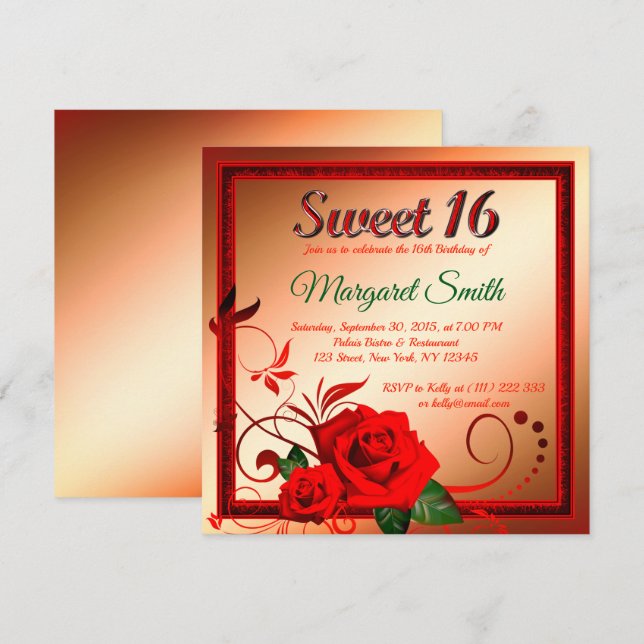Golden red rose sweet 16 invitation (Front/Back)