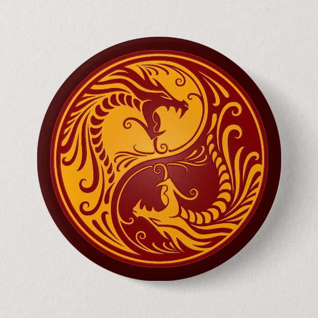 Golden Red Yin Yang Dragons 7.5 Cm Round Badge (Front)