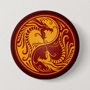 Golden Red Yin Yang Dragons 7.5 Cm Round Badge