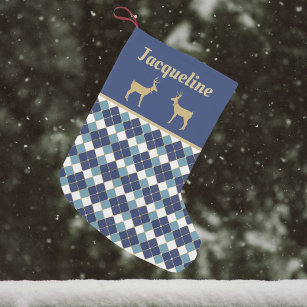 Golden Reindeer and Blue Argyle Pattern Holiday Small Christmas Stocking