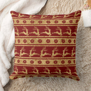 Golden Reindeer and Snowflakes on Red - Christmas Cushion