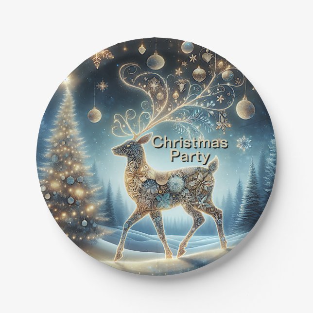 Golden Reindeer Christmas Ornaments Blue Sky Paper Plate (Front)