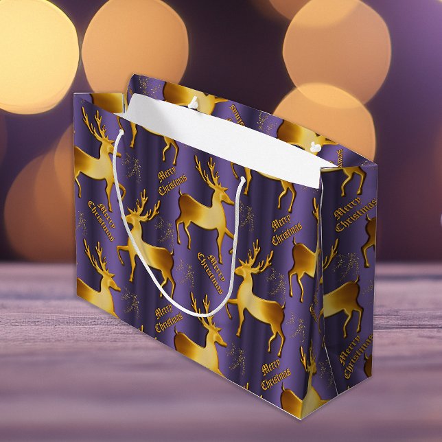 Golden Reindeer Glittery Purple Christmas  Large Gift Bag (Creator Uploaded)