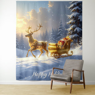 Golden Reindeer Golden Sleigh Holiday Backdrop Tapestry