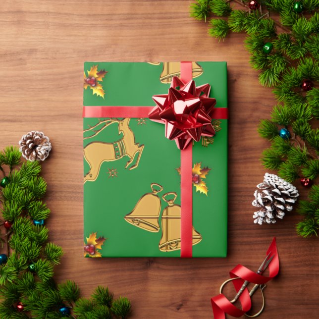 Golden Reindeer Green Christmas Wrapping Paper (Creator Uploaded)