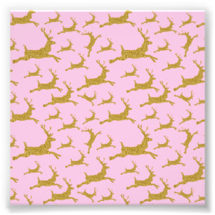 Golden Reindeer Merry Christmas Holiday Pink Girls Photo Print
