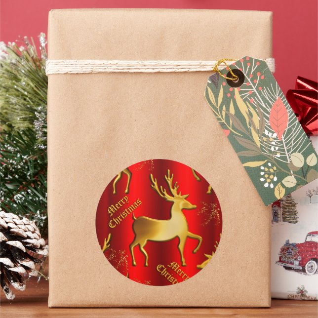 Golden Reindeer on Red Christmas Classic Round Sticker (Holiday)