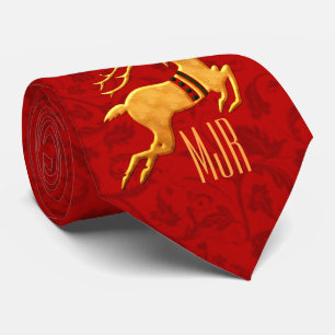Golden Reindeer on Red Damask with Monogram Tie