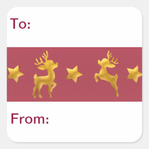 Golden Reindeer on Red Paper To From Square Sticker
