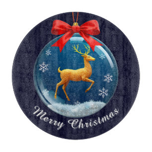 Golden Reindeer Ornament Red Bow Holiday Kitchen ✨ Cutting Board