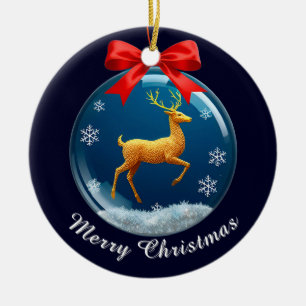 Golden Reindeer Ornament With Red Bow