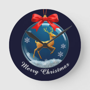 Golden Reindeer Ornament With Red Bow Round Clock