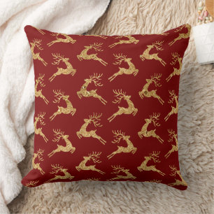 Golden Reindeer Pattern on Red – Elegant Christmas Cushion
