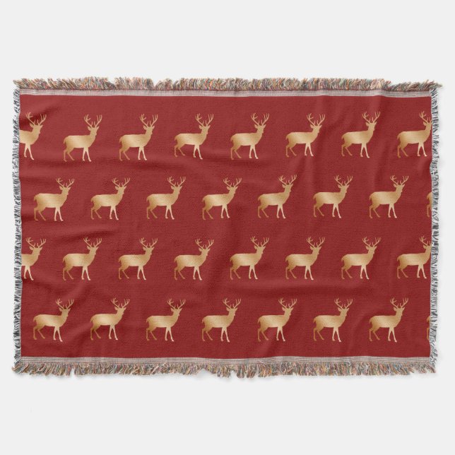 Golden reindeer pattern on red throw blanket (Front)