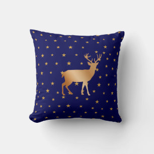 Golden reindeer silhouette & stars on navy blue cushion