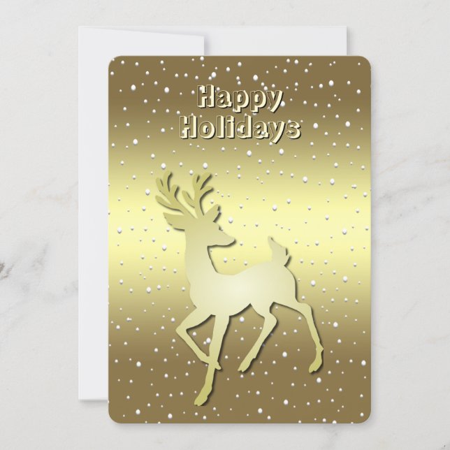 Golden Reindeer Snowy Holiday Card (Front)