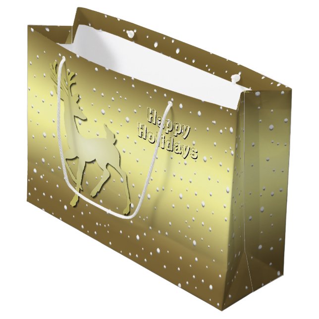 Golden Reindeer Snowy Holiday Gift Bag (Front Angled)
