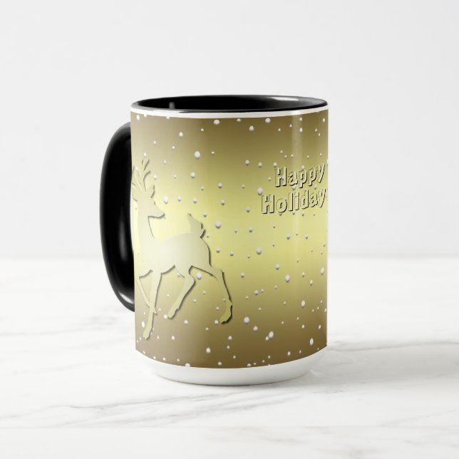 Golden Reindeer Snowy Holiday Mug (Front Left)