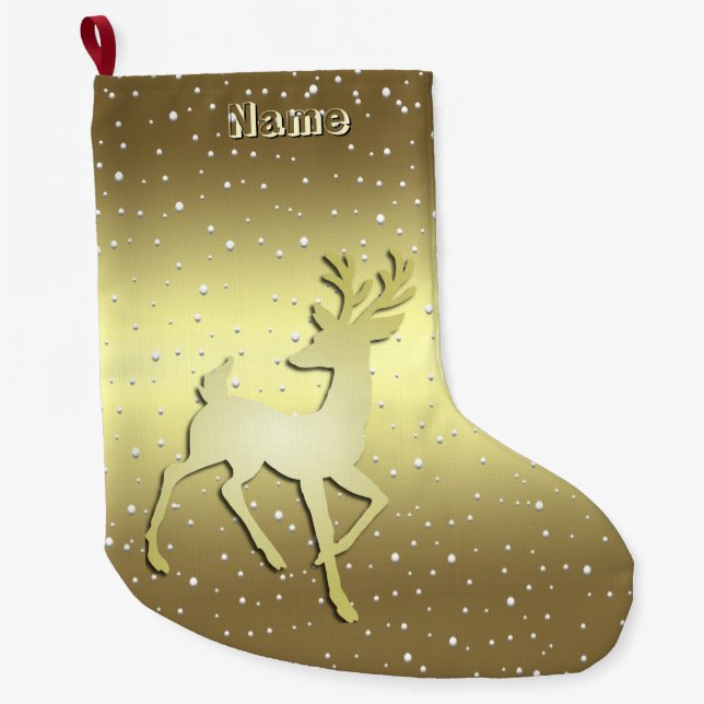 Golden Reindeer Snowy Holiday Stocking (Front)
