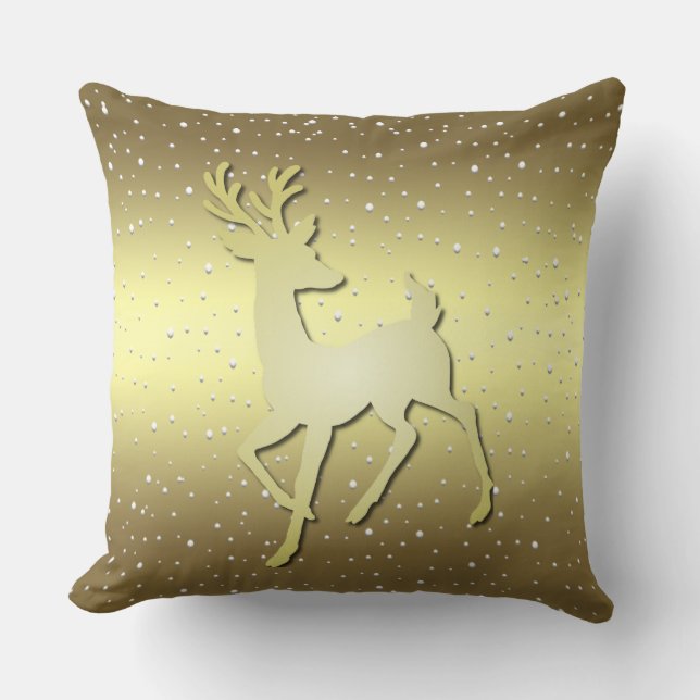 Golden Reindeer Snowy Holiday Throw Pillow (Front)