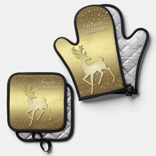 Golden Reindeer Snowy Oven Mitt & Pot Holder Set (Front/Back)
