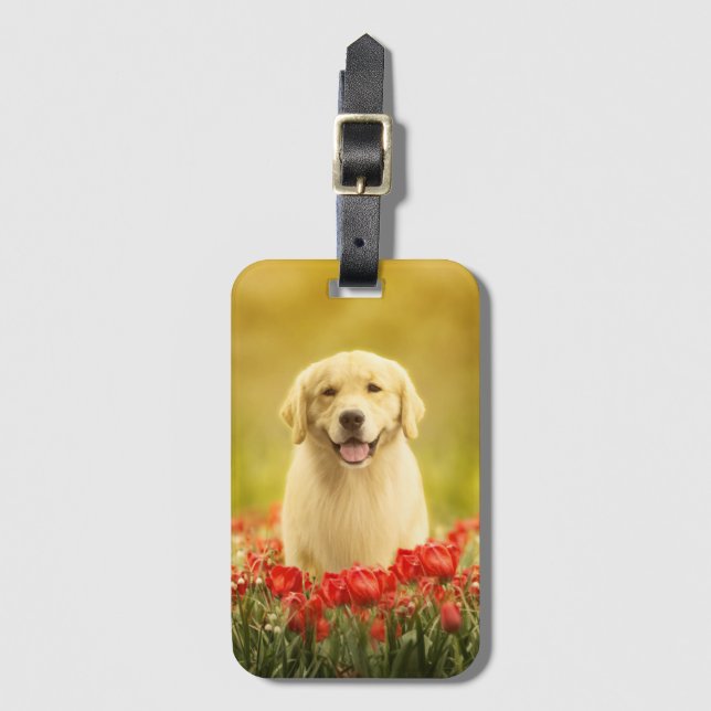 Golden Retirever in Red Flowers Luggage Tag (Front Vertical)