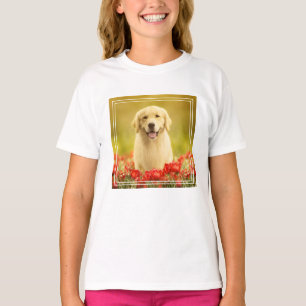 Golden Retirever in Red Flowers T-Shirt