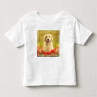 Golden Retirever in Red Flowers