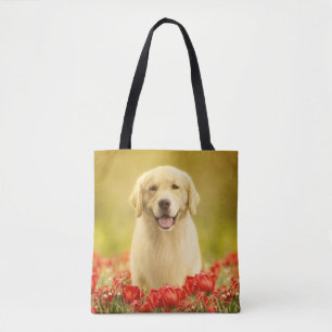 Golden Retirever in Red Flowers Tote Bag