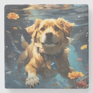 Golden Retreiver swimming with Flowers Stone Coaster