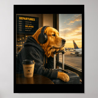 Golden Retriever Airport Travel Coffee Funny Dog Poster