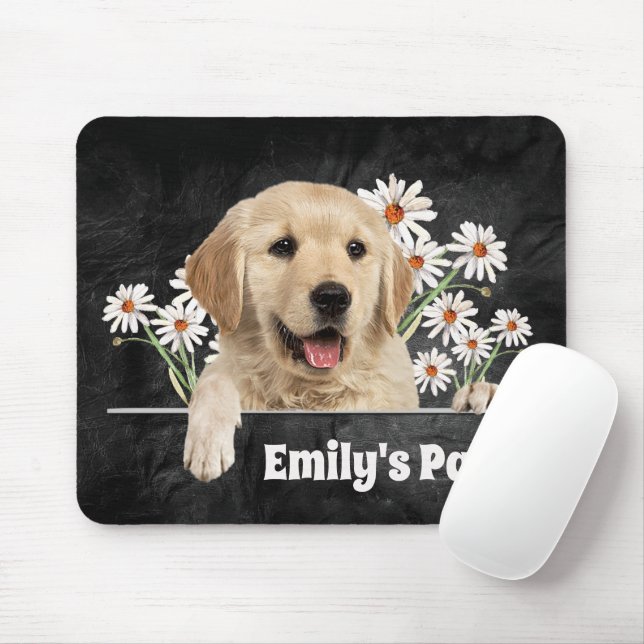 Golden Retriever and Daisies on Black Leather  Mouse Pad (With Mouse)