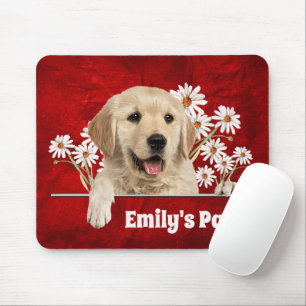 Golden Retriever and Daisies on Leather  Mouse Pad
