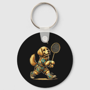 Golden Retriever Badminton Player Shuttle  Key Ring