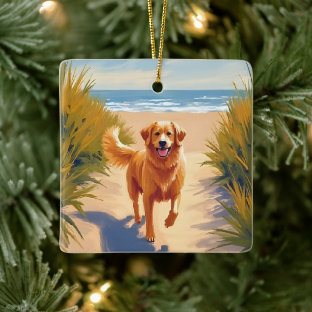 Golden Retriever Beach Path | Ocean Dog Pet Ceramic Ornament (Tree)