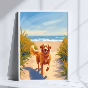 Golden Retriever Beach Path   Ocean Dog Pet Poster