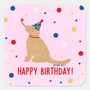 Golden Retriever Birthday Pink Background Bubbles  Square Sticker