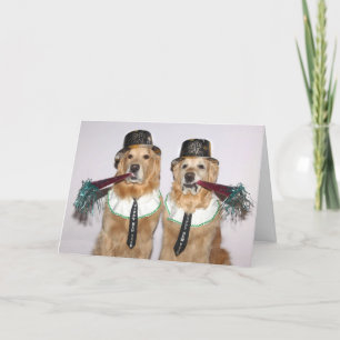 Golden Retriever Blowing New Year's Horns Card