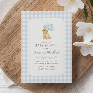 Golden Retriever Blue Gingham Baby Shower Invitation