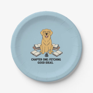 Golden Retriever Book Writer Academic Vibes Blue Paper Plate