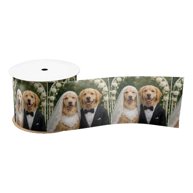 Golden Retriever Bride and Groom Portrait Satin Ribbon (Spool)
